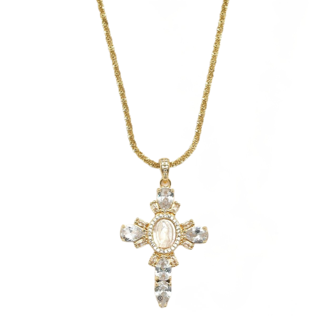 Sautoir croix verre transparent plaque notre dame strass