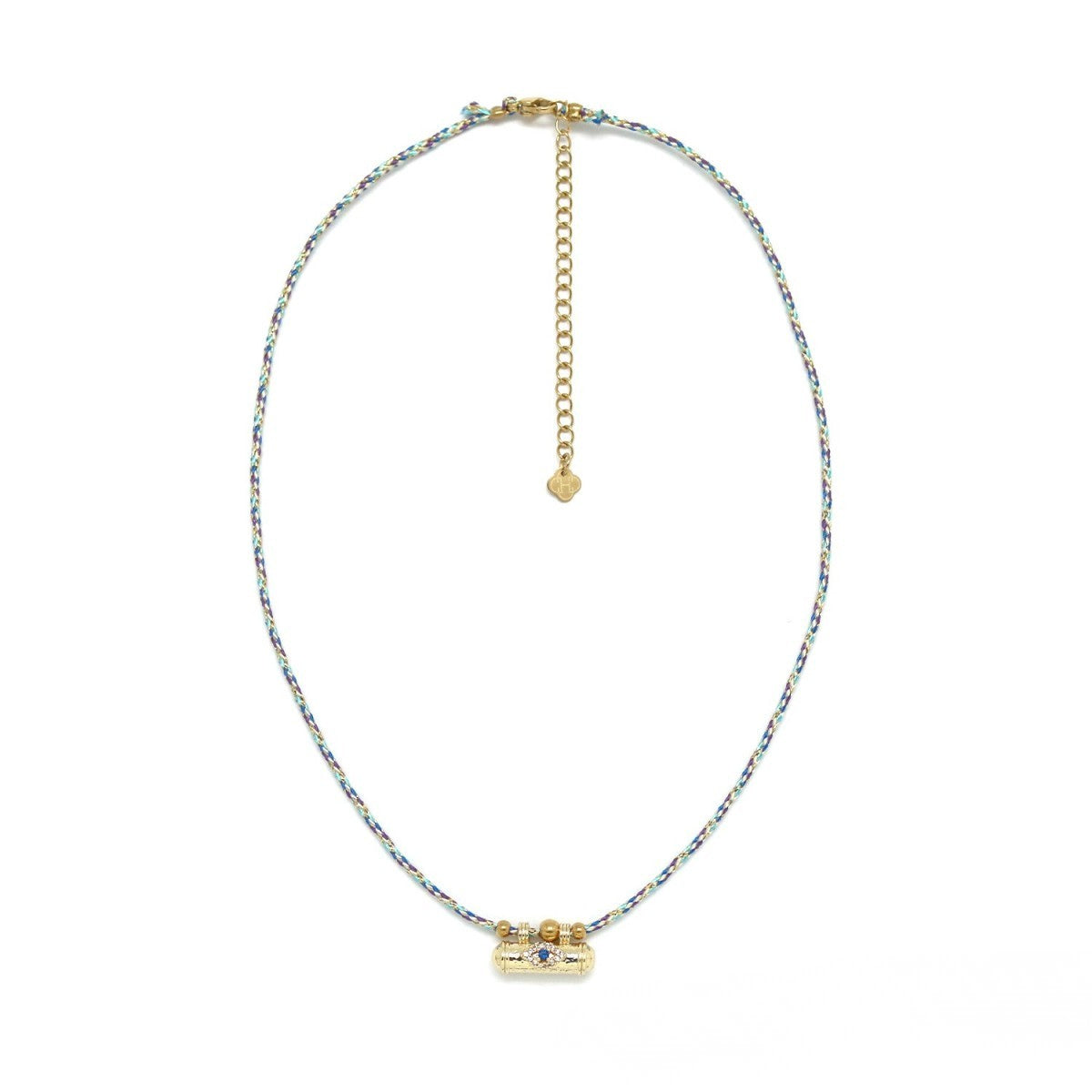 Collier fil tressé barre doré oeil strass blanc bleu