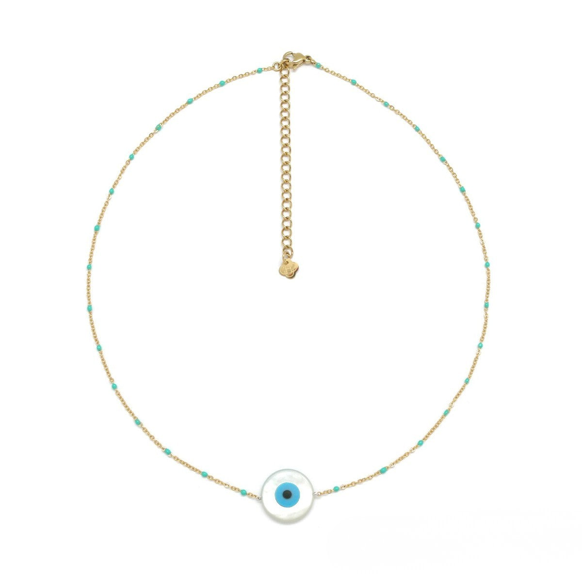 Collier fin chaine bille turquoise oeil nacre