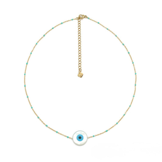 Collier fin chaine bille turquoise oeil nacre