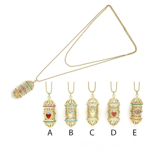 Sautoir chaîne bille pendentif cylindre strass multi