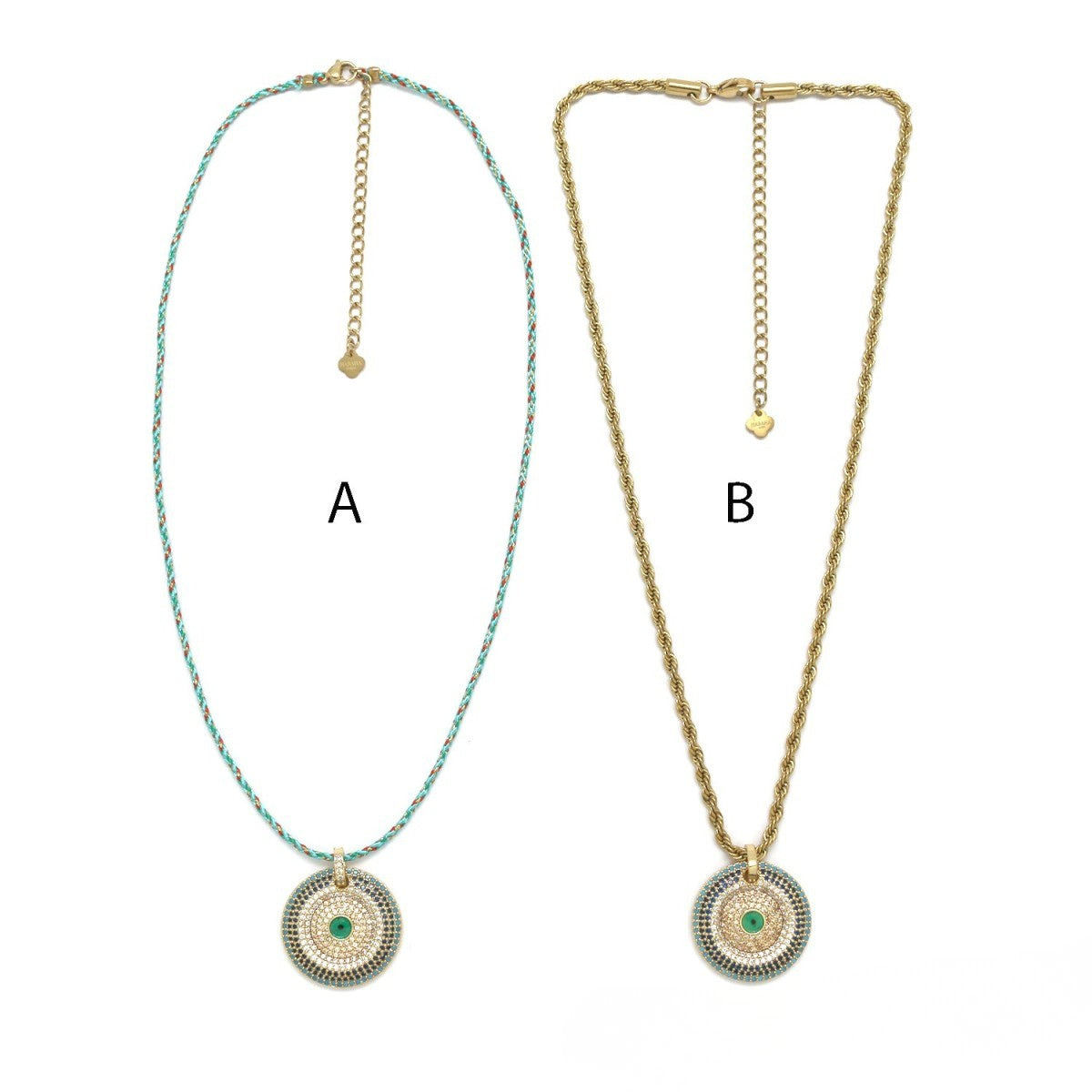 Collier fil tressé sequin strass multi oeil vert