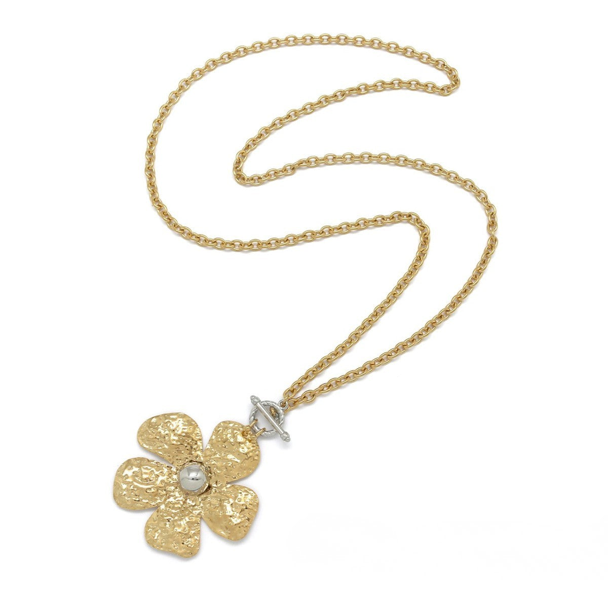 Sautoir fermoir T argenté grand fleur doré/argenté