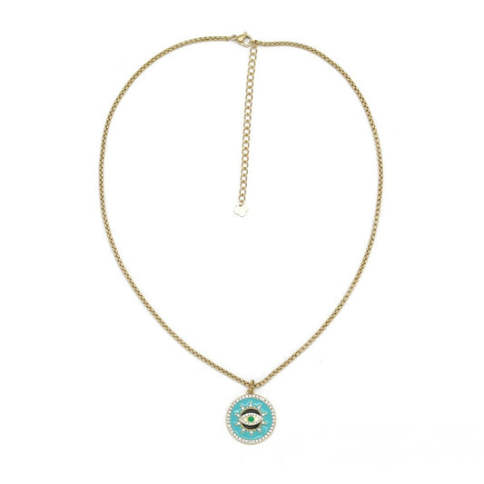 Collier chaine plaque rond oeil strass bleu
