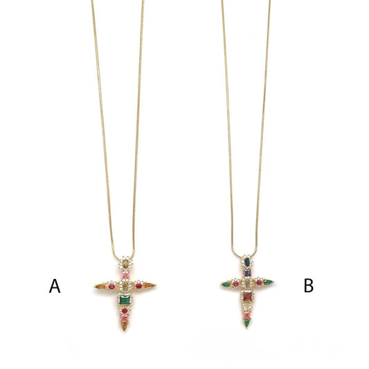 Sautoir pendentif croix strass colorés